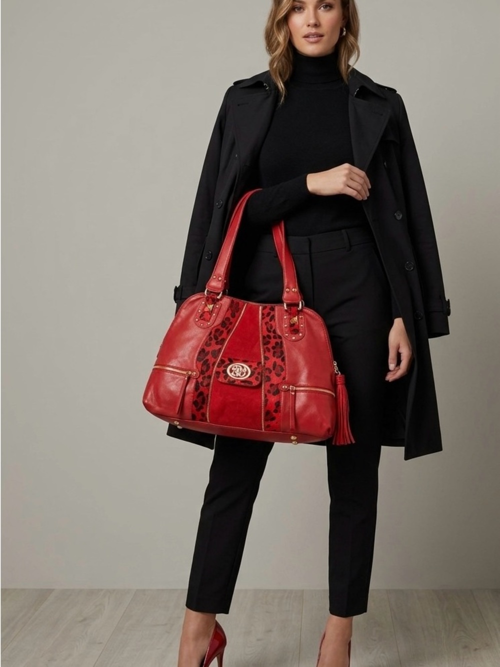 Sharif Red Leopard-Accent Leather Tote
